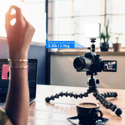 Mini Ball Head With Cold Shoe And One Quarter Inch Screw Pack Of Two For Cameras And Accessories 360 Degree Swivel And 90 Degree Tilt Compatible With DSLR Mirrorless Camcorders Smartphones LED Lighting Microphones Ring Lights Hot Shoe Adapter ST17 mounted on camera with LED light in workspace.