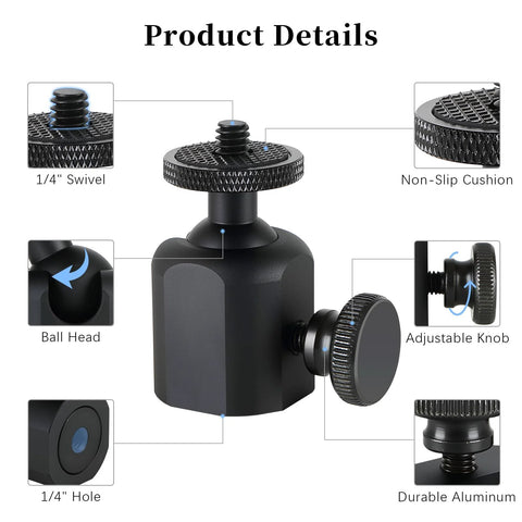 2 Pack Mini Ball Heads With One Quarter Inch Mounting Screw, 360 Degree Horizontal Rotation And 90 Degree Tilt details