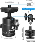 Diagram of Two Pack Mini Ball Heads With 360 Degree Pan And 135 Degree Tilt Locking Knob, rubber base, metal adapter, and screw sizes for cameras