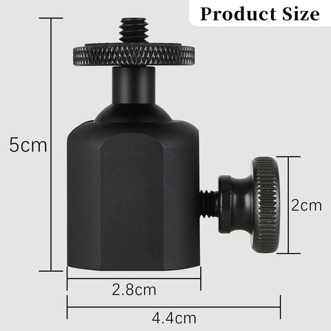 Side view of 2 Pack Mini Ball Heads With One Quarter Inch Mounting Screw, showing size dimensions and detailed design features.