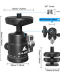 Detailed diagram of Mini Ball Head For Tripods With 360 Degree Panoramic Rotation And 135 Degree Tilt Universal 1/4 Inch To 3/8 Inch Screw Adapter Dual Cold Shoe Mount Compatible With DSLR Cameras Camcorders Lighting And Photo Accessories.