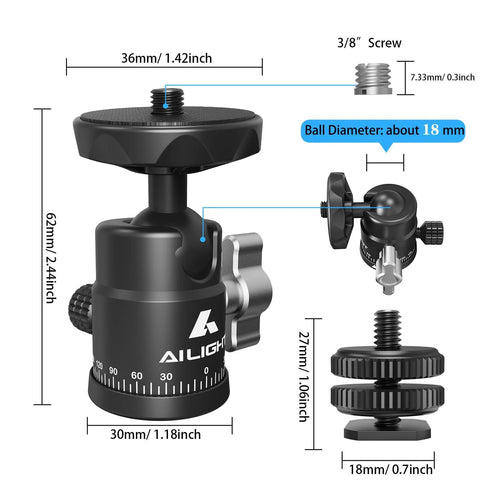 Detailed diagram of Mini Ball Head For Tripods With 360 Degree Panoramic Rotation And 135 Degree Tilt Universal 1/4 Inch To 3/8 Inch Screw Adapter Dual Cold Shoe Mount Compatible With DSLR Cameras Camcorders Lighting And Photo Accessories.