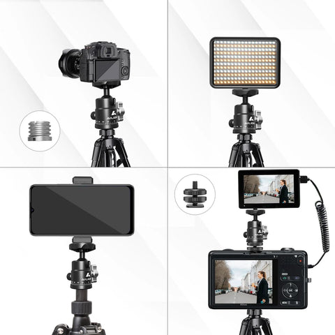 Mini Ball Head For Tripods With 360 Degree Panoramic Rotation And 135 Degree Tilt Universal 1/4 Inch To 3/8 Inch Screw Adapter Dual Cold Shoe Mount Compatible With DSLR Cameras, LED lights, and camcorders on tripods.