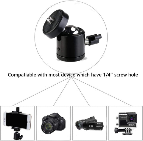 Quarter Inch Mini Ball Head Tripod Mount 3 Pack with 360 Degree Rotating Panoramic Base Adapters, compatible with various devices.