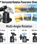 Mini Ball Head For Tripods With 360 Degree Panoramic Rotation and 135 Degree Tilt showing multi-angle adjustments and panorama photos.
