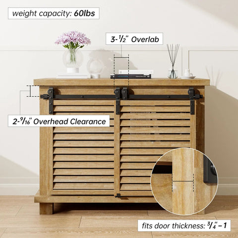 4Ft Bypass Mini Sliding Barn Door Hardware Kit For Two Doors With Black Coated Steel Track Set on wooden cabinet