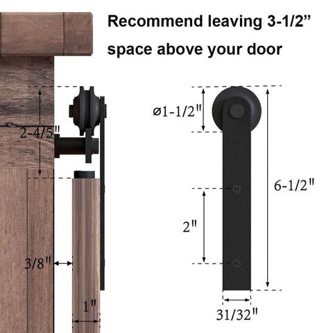 3FT Super Mini Sliding Barn Door Hardware Kit, side view of I Shape hanger design, recommended spacing measurede, door not included.