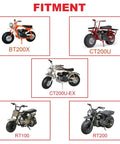 Fitment guide showing five mini bikes: BT200X, CT200U, CT200U-EX, RT100, and RT200, compatible with the steering bearings kit.