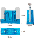 Close-up of blue 15A mini blade fuse dimensions from Low Profile Mini Fuse Kit With 100 Piece Premium Blade Fuses And Puller