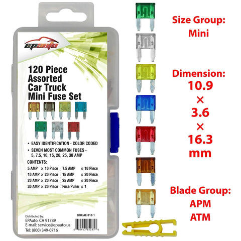 All In One 120 Piece Mini Blade Fuse Set With 5A 7.5A 10A 15A 20A 25A 30A For Cars Trucks SUVs RVs Boats Universal 12V And 24V Fuse Assortment Kit in packaging