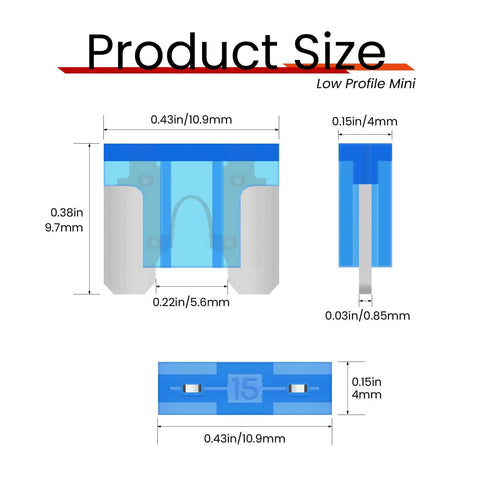 Diagram of Low Profile Mini Blade Fuses, 15A 25 Pack Automotive Fuses For Car, RV, Truck, SUV, Motorcycle, Boat, 32V with size dimensions.