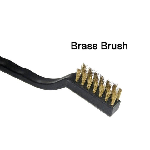 Close-up of 9PCS MINI Brass Brushes Set with curved handle for cleaning welding slag and rust