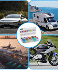 120 Piece Mini Car Fuses Kit With Color Coded 2A-35A Fuses shown with car, camper, boat, motorcycle in use.