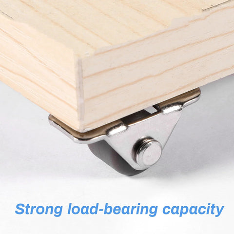 Sixteen Half Inch Mini Low Profile Casters With One Way Micro Wheels Self Adhesive Rubber Rollers installed on wooden furniture corner