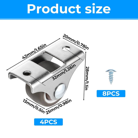 Four 1 Inch Mini Caster Wheels With Silent Ball Bearings Fixed Casters Stainless Steel Top TPE Rubber Load Up To 45 Kg
