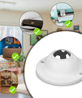 White ABS mini caster wheel with self-adhesive base, shown with applications for cutting machines and furniture mobility enhancement.