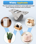 Mini Low Profile 0.5 Inch Caster Wheels Self Adhesive And Screw Mounted Rubber Casters Unidirectional Fixed Wheel For Small Appliances Furniture Organizers DIY Projects And Trays Brown 4 Pieces. Image shows various applications for items like trash bins, organizers, small boxes, plants, and rice cookers.