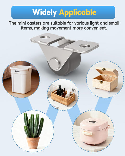 Mini Low Profile 0.5 Inch Caster Wheels Self Adhesive And Screw Mounted Rubber Casters Unidirectional Fixed Wheel For Small Appliances Furniture Organizers DIY Projects And Trays Brown 4 Pieces. Image shows various applications for items like trash bins, organizers, small boxes, plants, and rice cookers.
