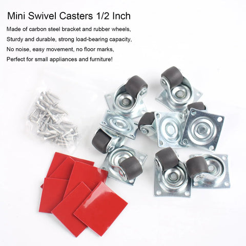 0.5 Inch Mini Caster Wheels Set Of 8 Low Profile Swivel Plate Casters With No Noise Rubber Wheels For Furniture Cabinets