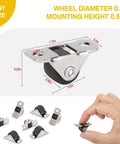 16Pcs 1/2 Inch Mini Caster Wheels Low Profile One Direction with Rubber Wheels Steel Top Plate close-up, showcasing dimensions.