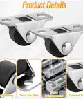 0.5 Inch Mini Caster Wheels Set With Metal Plate Self Adhesive Low Profile Casters For Furniture Small Appliances Carts Drawers Storage Boxes And Bins 8 Pack Includes 16 Screws Durable Rubber On Steel For Smooth Quiet Mobility, showing steel plate and rubber wheel close-up.