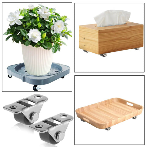 Eight Pcs Half Inch Mini Caster Wheels Low Profile Single Direction Rubber Rolling Wheels With Steel Top Plate shown in various applications