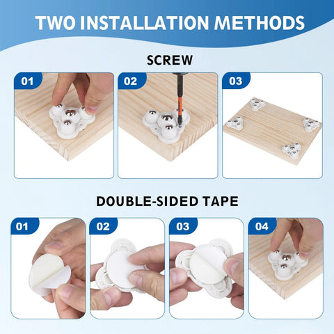Mini Self Adhesive Caster Wheels Set Of 4 installation methods using screws and double-sided tape for furniture and appliances.