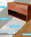 Wooden furniture with 8 Pcs 1/2 Inch Mini Caster Wheels Low Profile Single Direction, shown on tile, carpet, concrete, and wooden floor.