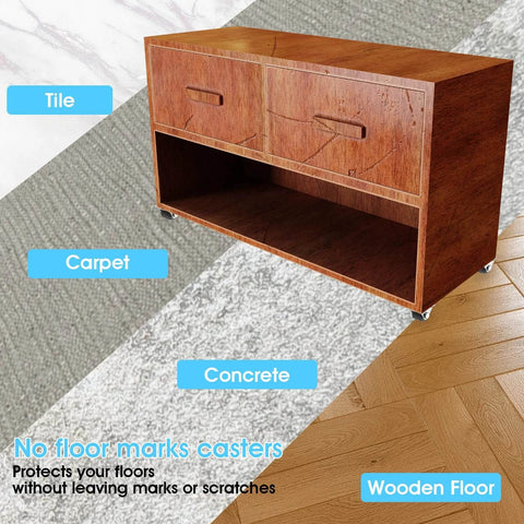 Wooden furniture with 8 Pcs 1/2 Inch Mini Caster Wheels Low Profile Single Direction, shown on tile, carpet, concrete, and wooden floor.