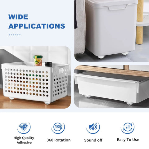 8 Pcs Self Adhesive Mini Caster Wheels Set For Appliances And Cabinets shown under various storage boxes and drawers