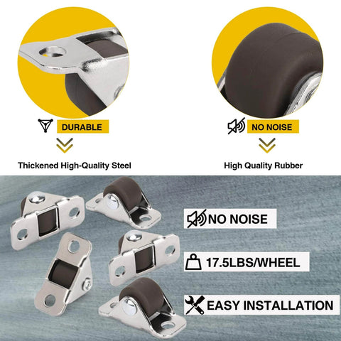 16Pcs 1/2 Inch Mini Caster Wheels Low Profile One Direction with Rubber Wheels Steel Top Plate Self Adhesive or Screw Mount