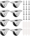 0.5 Inch Mini Caster Wheels Set with Metal Plate Self Adhesive Low Profile Casters for Furniture Small Appliances Carts Drawers Storage Boxes and Bins 8 Pack Includes 16 Screws Durable Rubber On Steel For Smooth Quiet Mobility shown with screws and adhesive pads