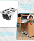8 Pcs 1/2 Inch Mini Caster Wheels Low Profile Single Direction with Rubber Wheels Stainless Steel Plate Self Adhesive or Screw Mount for Furniture and Kitchen Appliances Non Swivel, shown installed on a wooden cabinet.