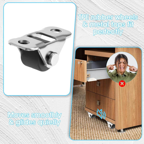 8 Pcs 1/2 Inch Mini Caster Wheels Low Profile Single Direction with Rubber Wheels Stainless Steel Plate Self Adhesive or Screw Mount for Furniture and Kitchen Appliances Non Swivel, shown installed on a wooden cabinet.