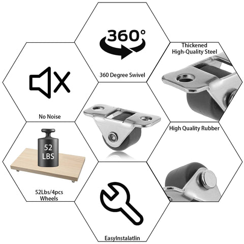 Close-up of Eight Pcs Half Inch Mini Caster Wheels Low Profile Single Direction Rubber Rolling Wheels With Steel Top Plate, highlighting noise reduction, 52 lbs support, and 360-degree swivel features.
