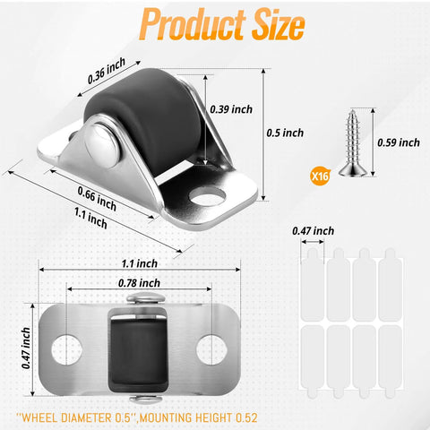 0.5 Inch Mini Caster Wheels Set With Metal Plate Self Adhesive Low Profile Casters For Furniture Small Appliances Carts Drawers Storage Boxes And Bins 8 Pack Includes 16 Screws Durable Rubber On Steel For Smooth Quiet Mobility size diagram