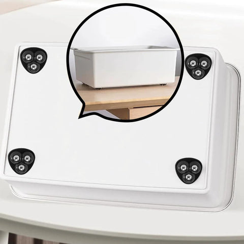 White storage bin with 12 Pcs Self Adhesive Mini Caster Wheels For Small Appliances And Furniture, 360 Degree Swivel Casters visible.