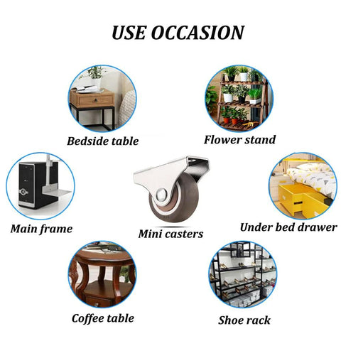Diagram showing uses for 1 Inch Fixed Caster Wheels Set Of 4 With Silent Ball Bearings, Metal Top, TPE Rubber on furniture and storage