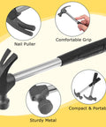 Mini Claw Hammer 5 Piece Set, 4 Oz Lightweight Hammer With Rubber Handle, Non Slip Shock Absorber, Nail Puller For Home Maintenance, DIY Projects, Carpets And Walls, Easy, Damage Free Nailing And Tapping shown with features labeled as comfortable grip, sturdy metal, and compact portability