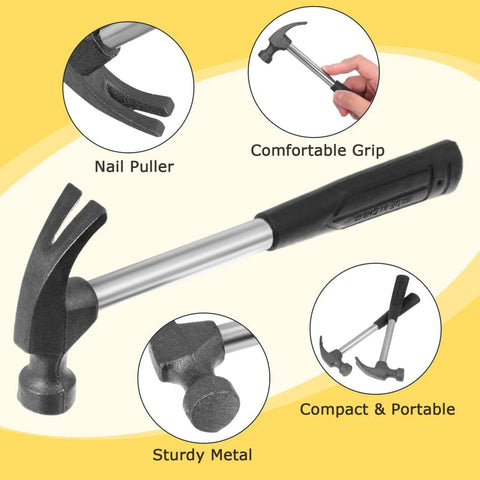 Mini Claw Hammer 5 Piece Set, 4 Oz Lightweight Hammer With Rubber Handle, Non Slip Shock Absorber, Nail Puller For Home Maintenance, DIY Projects, Carpets And Walls, Easy, Damage Free Nailing And Tapping shown with features labeled as comfortable grip, sturdy metal, and compact portability