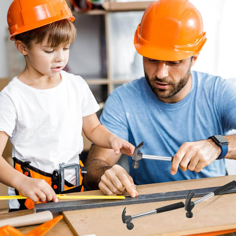 Adult and child using Mini Claw Hammer 5 Piece Set, 4 Oz Lightweight Hammer With Rubber Handle for DIY projects at home.
