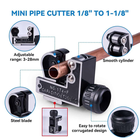 All In One Copper Pipe Cutter Kit For Tubing From Three Sixteenth To Two Inch With A Mini Cutter From One Eighth To One And One Eighth Inch Includes Deburring Tool Reamer Needle File Set Car Battery Cleaning Brush For Automotive HVAC Plumbing Wisscool