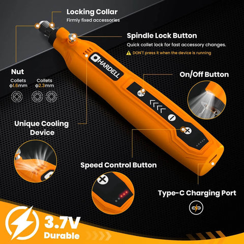HARDELL mini cordless rotary tool with 5 speed USB charge, features locking collar, cooling device, spindle lock button, and accessories.