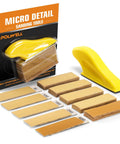 Mini Detail Sander Kit 3.5 By 1 Inch With Five Grit Sandpaper For Tight Spaces, yellow sander with sanding sheets displayed, various grits visible.
