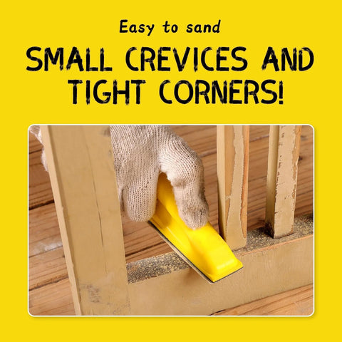 Mini Detail Sander Kit 3.5 By 1 Inch With Five Grit Sandpaper sanding tight corners on wooden furniture.