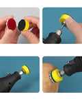 Hands assembling Mini Diamond Polishing Pad Set 14 Pcs Grits 50 to 10000 with Shank Holder on tool, showing usage on material