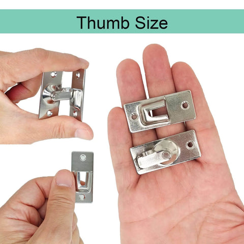 MINI Size 90 Degree Door Latch showcased in hand, stainless steel, thumb-sized