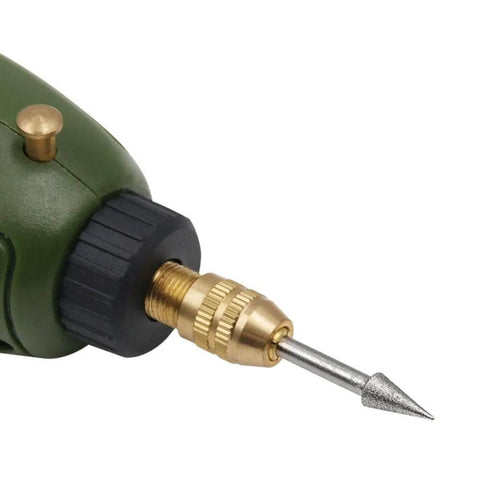 Close-up of a Two Pack 3mm Shank Mini Drill Bit with Diamond Point Engraving Needle for Metal Plating and Jewelry Making attached to a drill.