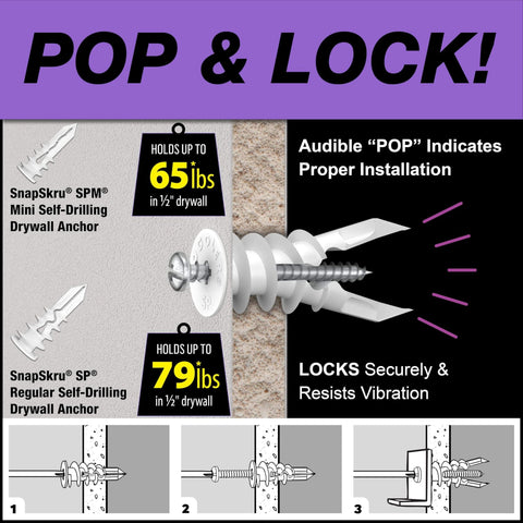 Illustration of mini self drilling drywall anchors with screws made from glass filled nylon for #6 to #8 fasteners installs in 3/8 to 5/8 inch drywall includes #6 x 1-1/4 inch screws rated up to 65 lb made in USA showing installation steps.