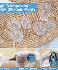 Mini Egg And Waterdrop Silicone Molds Set Six Pieces Clear Resin Molds for Egg and Waterdrop Shapes in Three Sizes Each on Wicker Tray